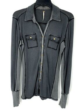 Free People Long-Sleeve Button-Down Shirt - jersey, Charcoal